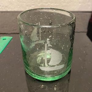 Small Green Tint Glass With Sailboat Etching -
